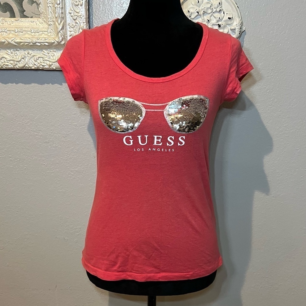 Guess Pink Sequin Fitted Cap Sleeve Tee